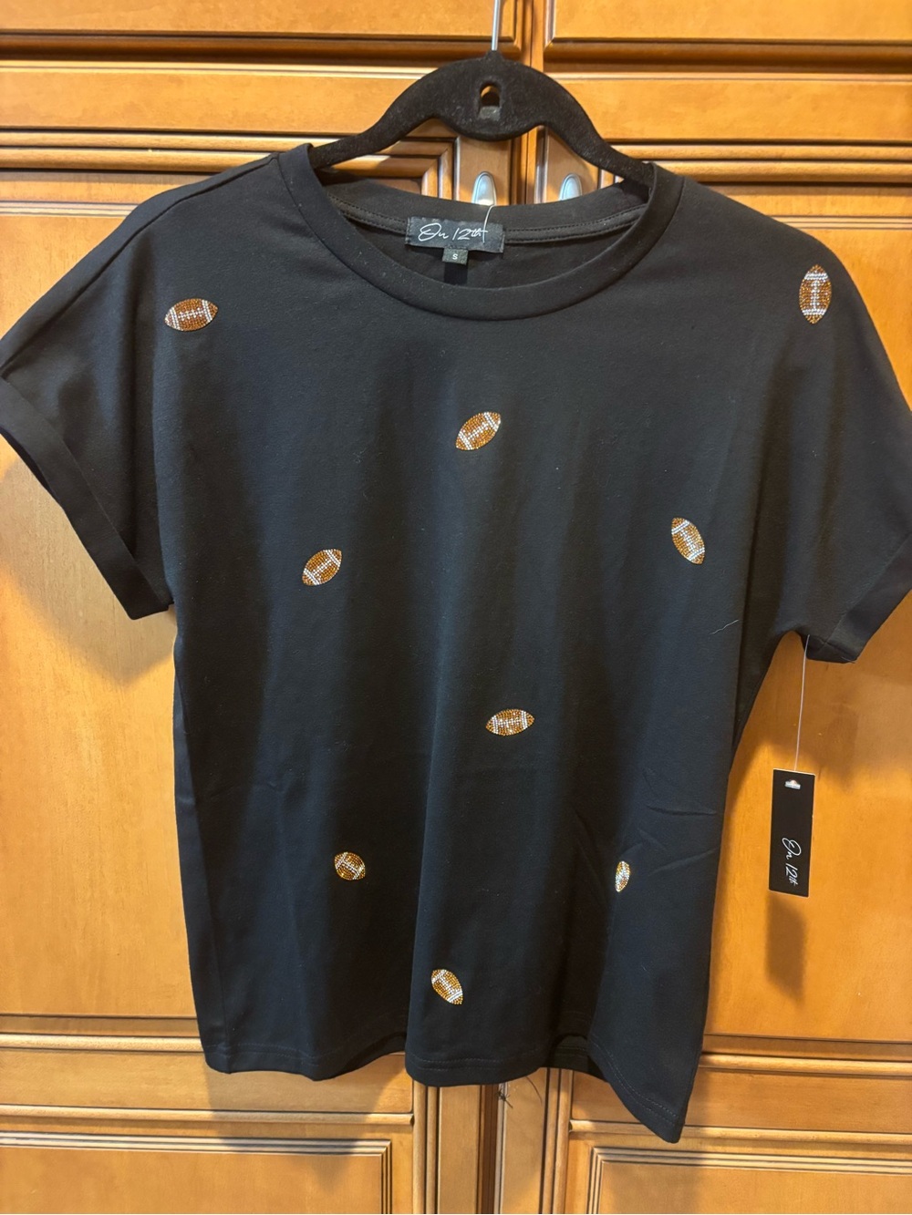 *NWT* Rhinestone Football T-Shirt with Cuff Sleeves. Size:S